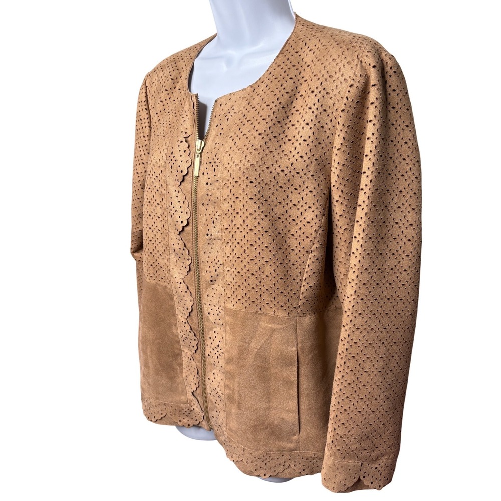 CHICO'S Womens Tan Laser Scalloped Cut Faux Suede Jacket Sz 2P/LP Boho Girly